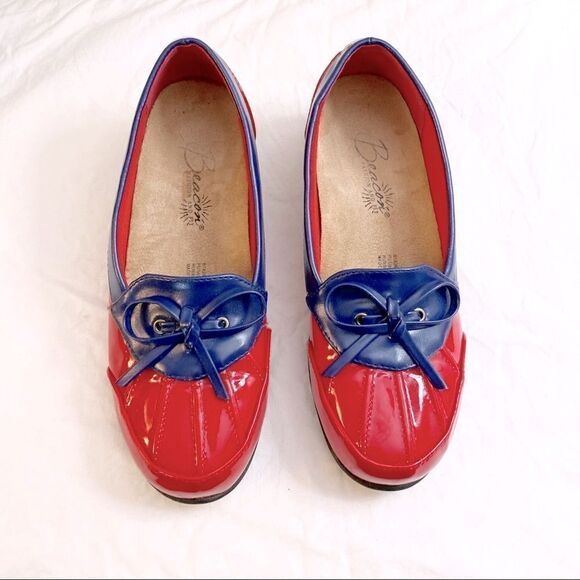 Beacon Red and Blue Puddle Jumper Wedge Heel Patent Duck Shoes - Picture 3 of 5